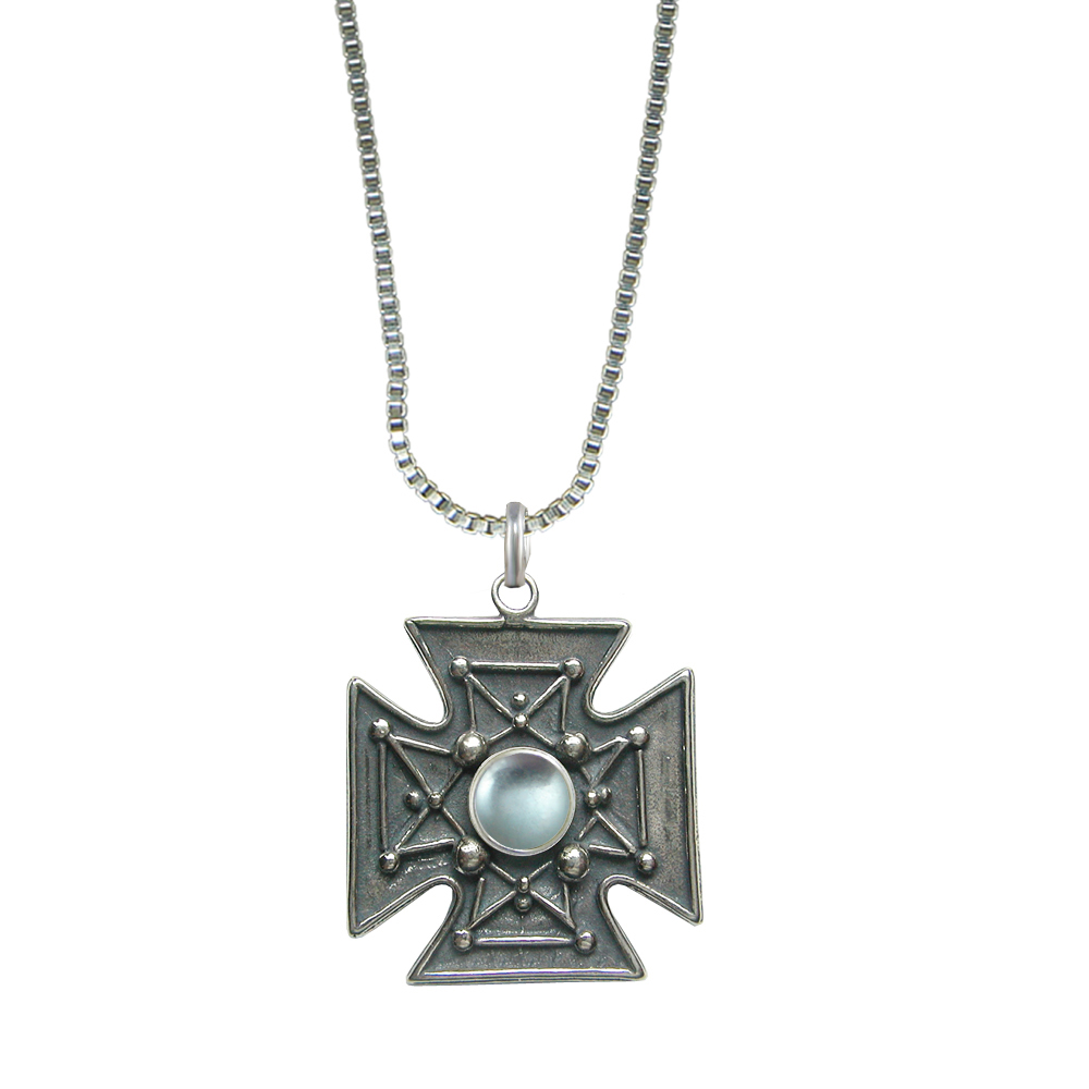 Sterling Silver Iron Cross Pendant Necklace With Blue Topaz